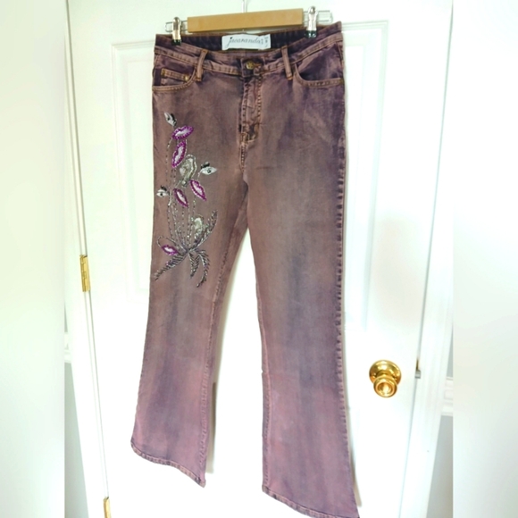 Jacaranda Purple Washed Jeans Beaded Festival Party Concert Boho Size 9 Flare - Picture 1 of 9